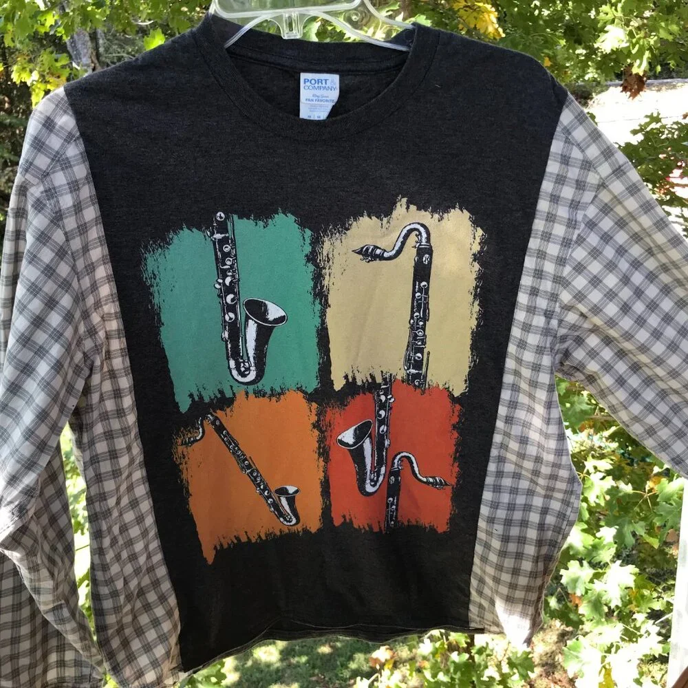 Upcycled Reworked Graphic T-Shirt, Saxophone Theme Plaid Shirt, Size S - M - Picture 9 of 12